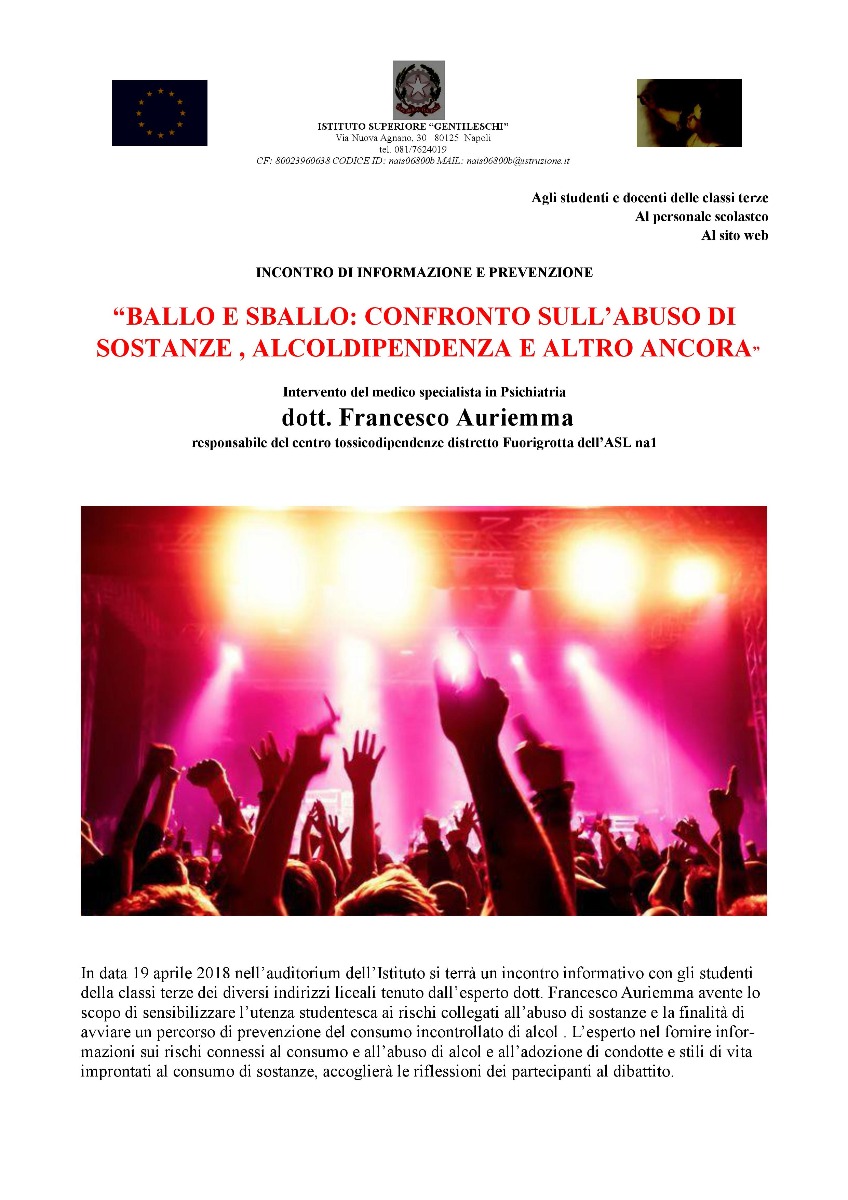 Incontro di formazione e prevenzione. Ballo e Sballo: confronto sull'abuso di sostanze, alcoldipende